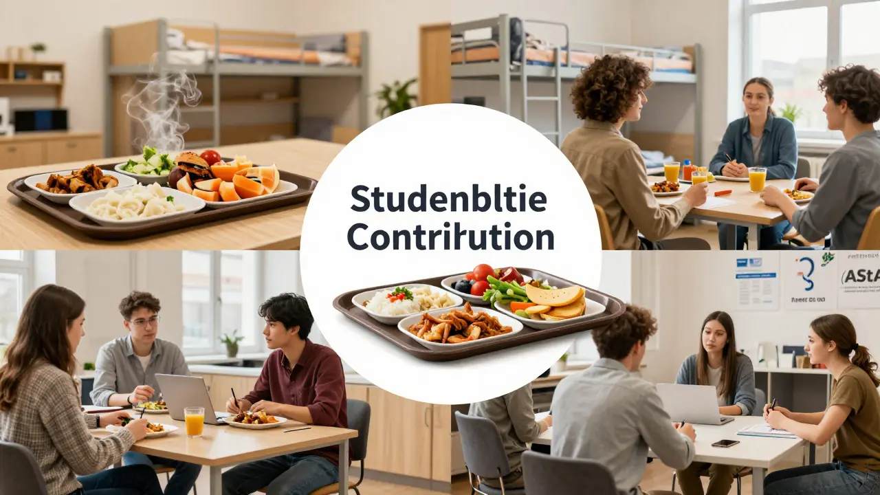 Collage aus Mensa-Essen, Studentenwohnheim und studentischer Selbstverwaltung.