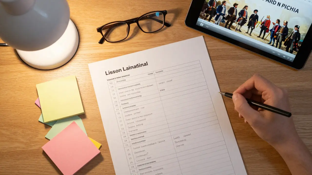 Detailansicht eines sorgfältig geplanten Unterrichtsentwurfs auf einem Schreibtisch