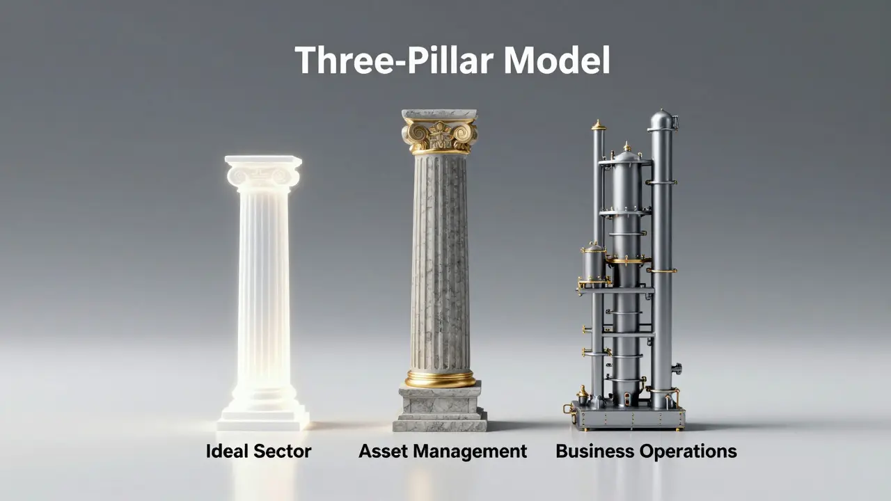 Drei abstrakte Säulen, die verschiedene wirtschaftliche Bereiche darstellen.