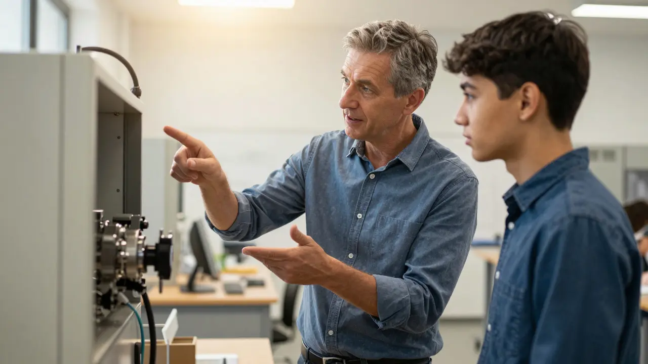 Ein erfahrener Ausbilder unterweist einen Lehrling in einem Betrieb.