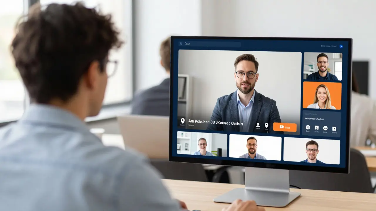 Ein Lernender in einer Mischung aus physischem Klassenzimmer und digitaler Online-Kursumgebung.