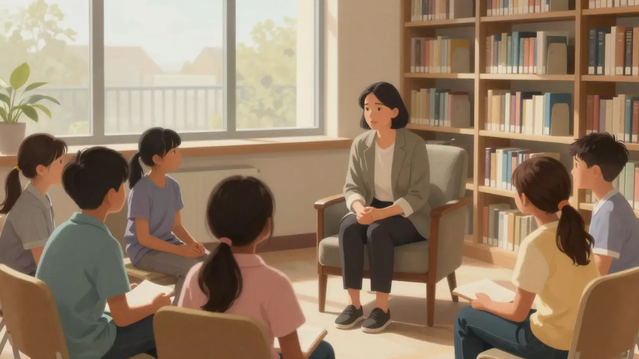 Ein Schulpsychologe führt ein unterstützendes Nachsorgegespräch mit Schülern.