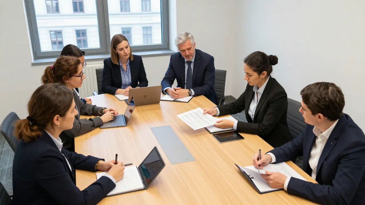 Eine Ethikkommission prüft ein Forschungsprojekt in einem Besprechungsraum.