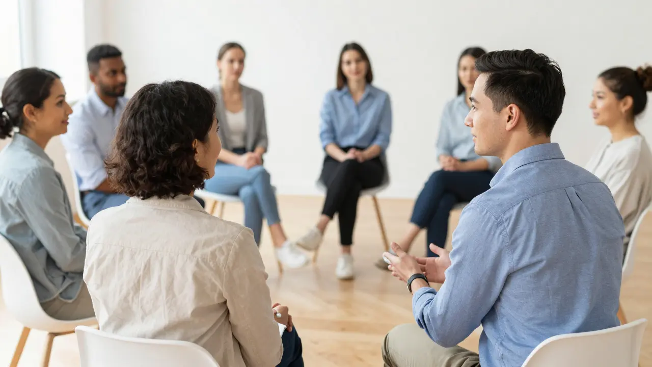 Eine Gruppe von Erwachsenen in einem modernen Beratungszentrum bei einem Coaching-Gespräch.