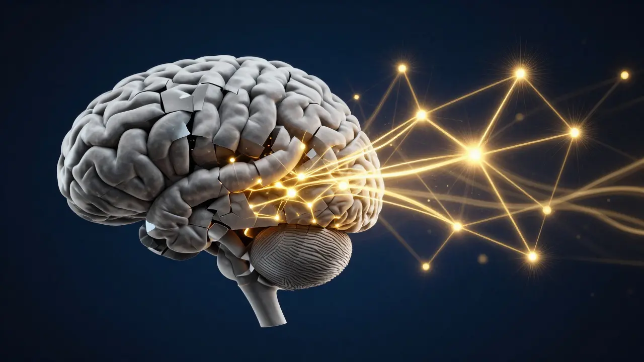 Eine künstlerische Darstellung des Gehirns, das von mentalen Blockaden zu einer goldenen Lernstruktur übergeht.