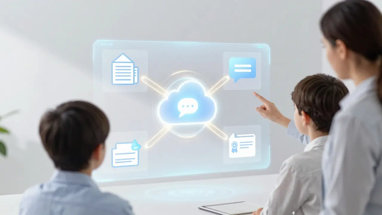 Futuristische Darstellung eines integrierten digitalen Bildungsökosystems mit Hologrammen.