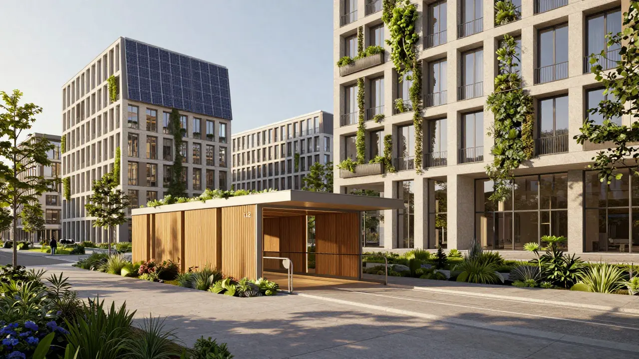 Futuristische nachhaltige Architektur im Wiener Campus Seestadt mit Solarpanels und Pflanzenwänden.