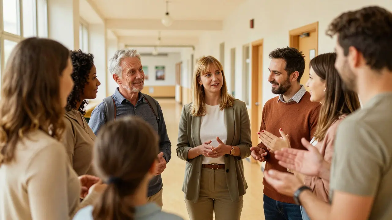 Gruppe von Eltern und Lehrkraft in einem freundlichen, partnerschaftlichen Austausch.
