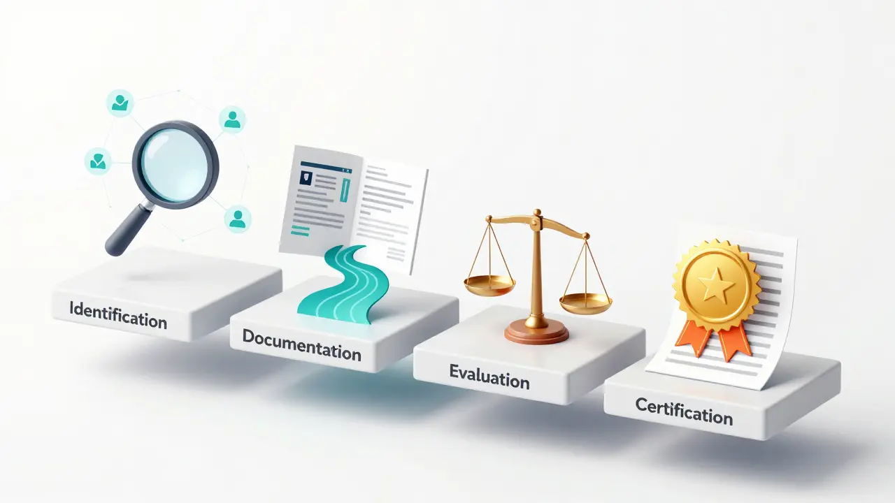 Illustration der vier Phasen des Validierungsprozesses von der Identifikation bis zur Zertifizierung.