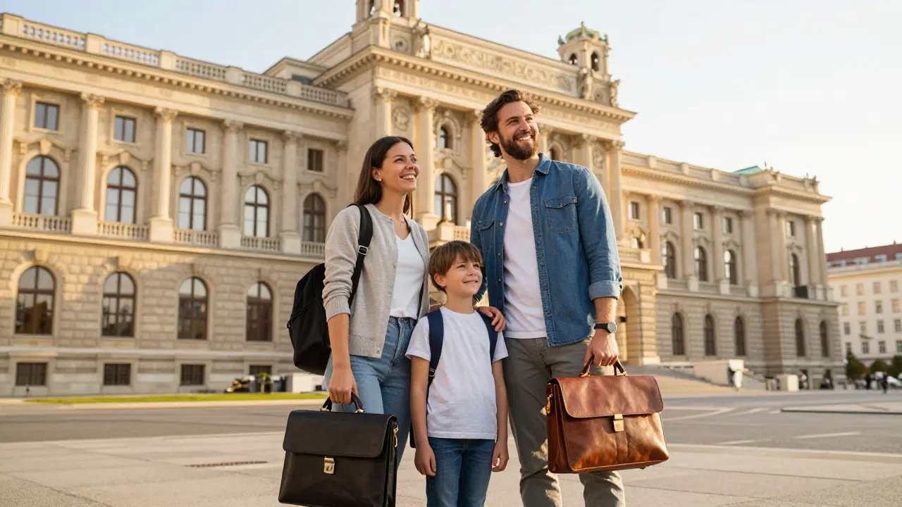 Internationaler Forscher mit seiner Familie vor einem Wiener Universitätsgebäude.