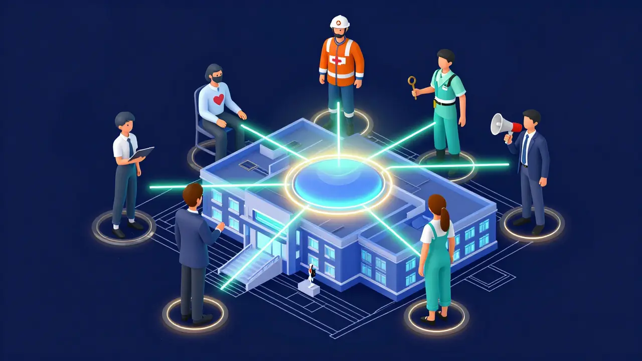 Isometrische Darstellung der Zusammenarbeit verschiedener Rollen im Schul-Krisenteam.