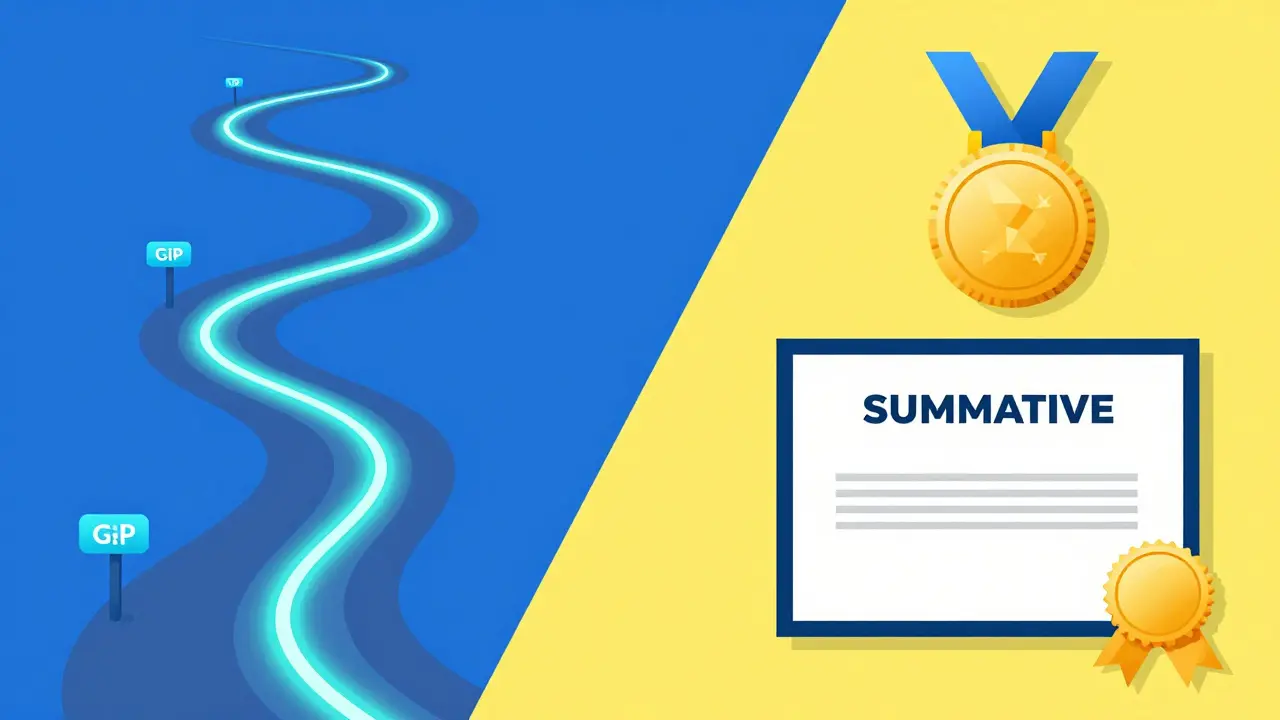 Konzeptgrafik, die den Weg des Lernens (formativ) und das Ziel (summativ) zeigt.