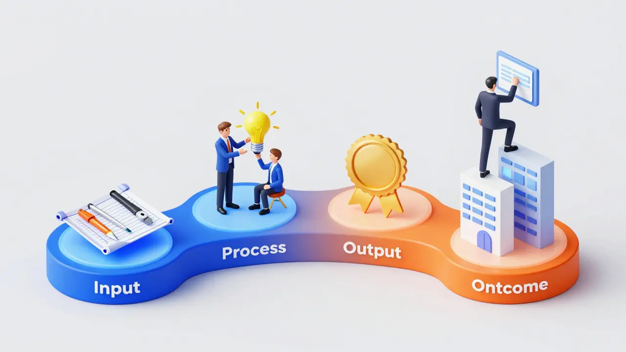 Konzeptionelle Darstellung der vier Qualitätsdimensionen der Ausbildung: Input, Prozess, Output und Outcome.