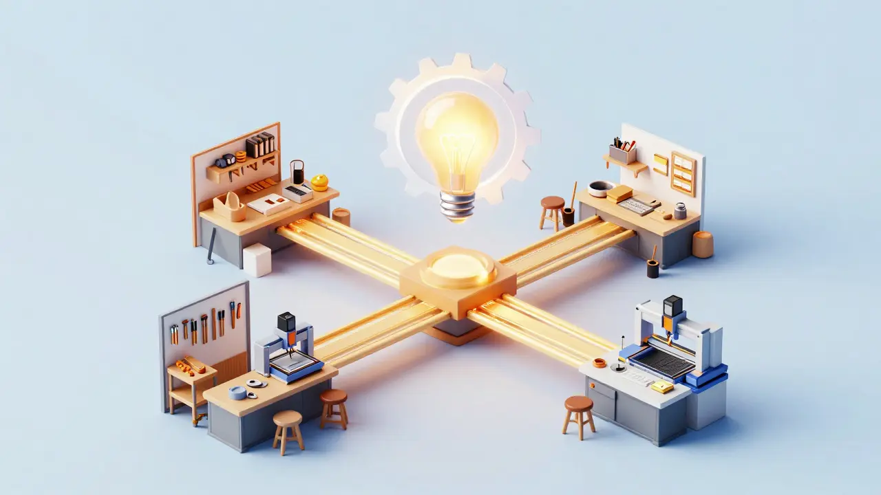 Konzeptuelle Darstellung von vernetzten kleinen Betrieben durch goldene Lichtbrücken für gemeinsame Weiterbildung.