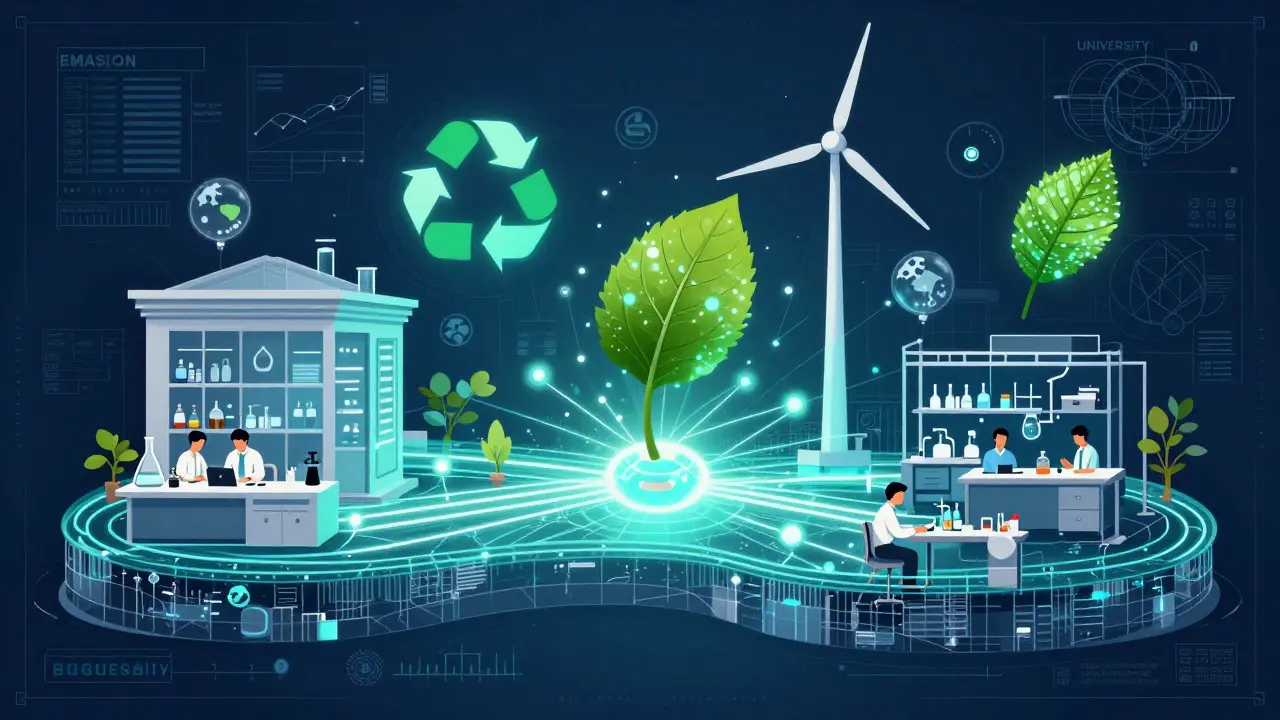 Künstlerische Darstellung der Vernetzung von Nachhaltigkeit in verschiedenen Studienfächern.