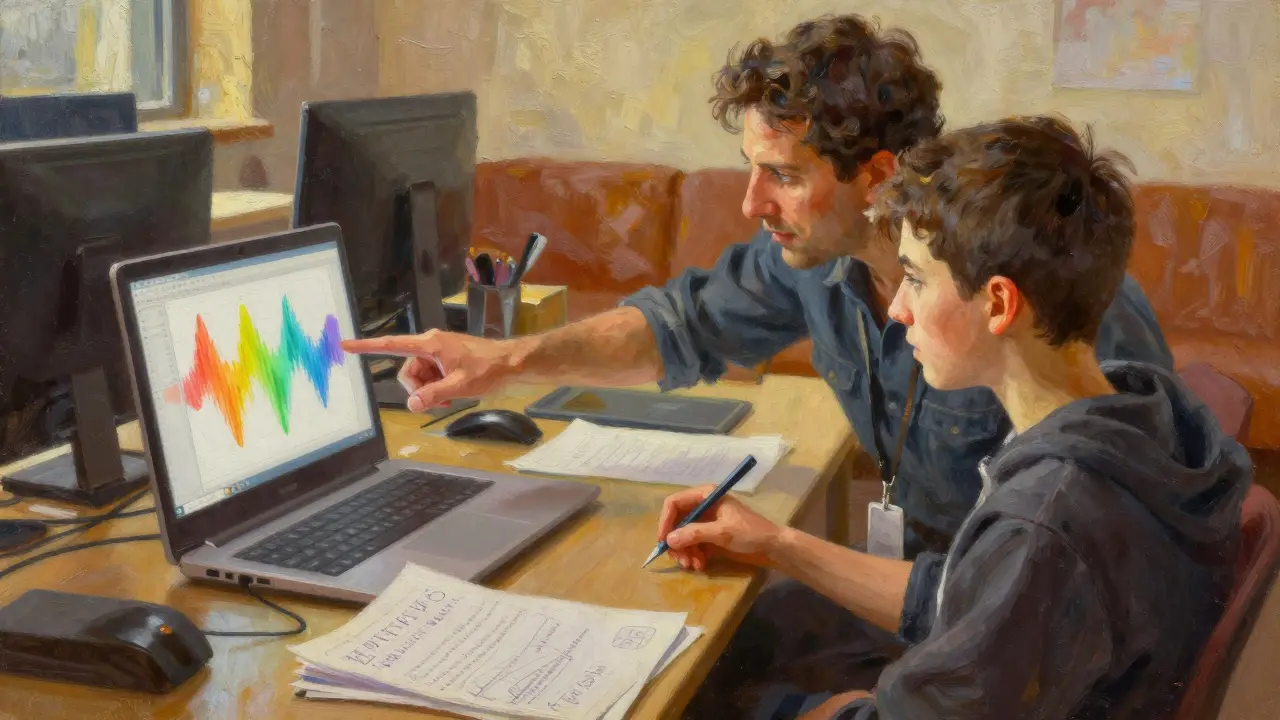 Lehrer moderiert aktiv eine Lerngruppe in einer modernen Umgebung.