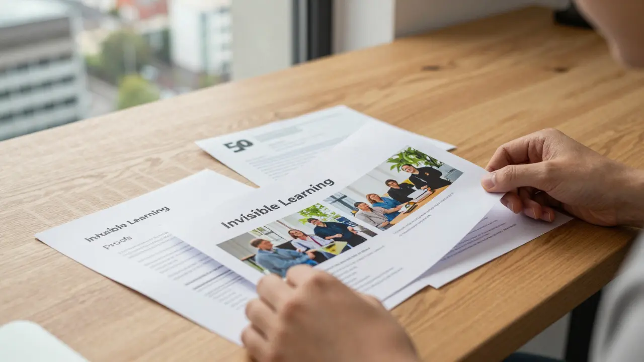 Nahaufnahme eines Portfolios mit Belegen für informell erworbene Kompetenzen.