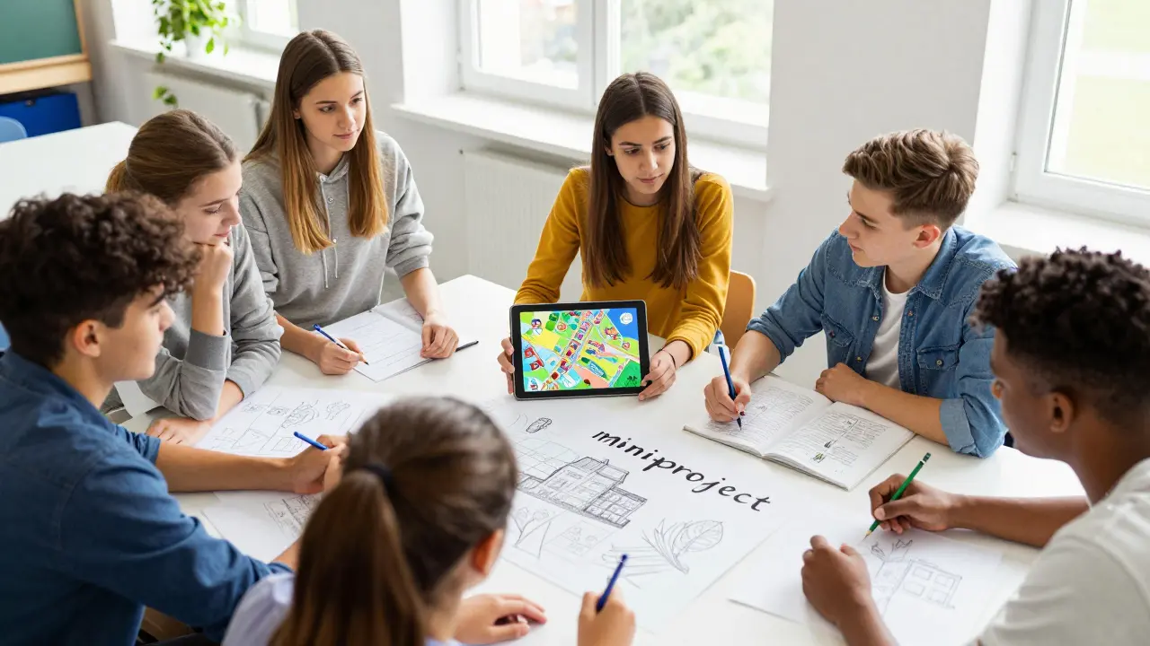 Österreichische Schüler arbeiten in einer Gruppe an einem digitalen Reiseführer-Projekt.