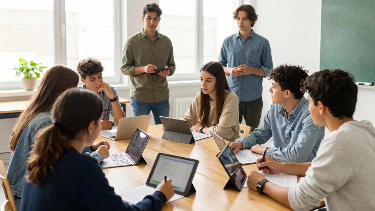 Schüler diskutieren im Klassenraum mit Laptops und Papieren auf dem Tisch.