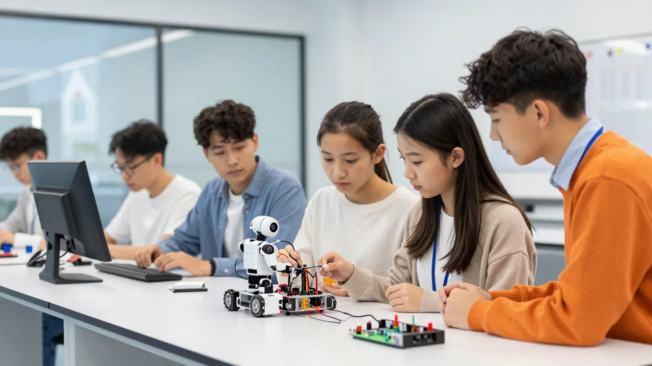 Schülerinnen und Schüler arbeiten gemeinsam an einem Roboter-Projekt.