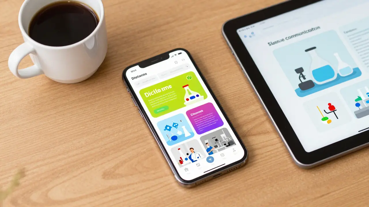 Smartphone und Tablet auf einem Tisch zeigen Social-Media-Beiträge über wissenschaftliche Themen.