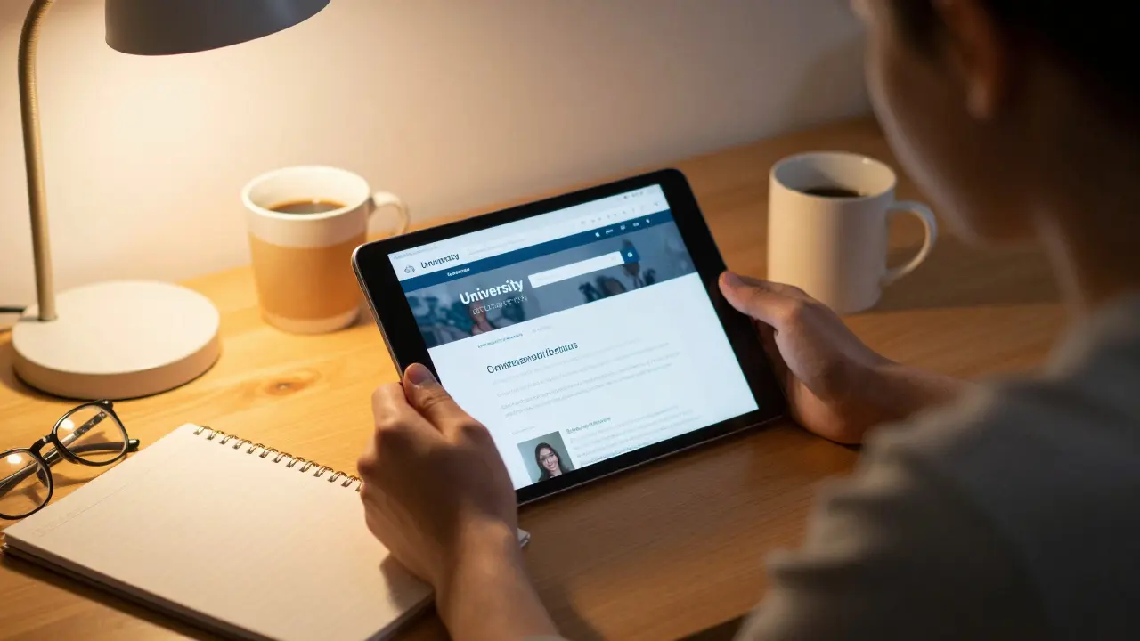 Studierende recherchiert an einem Schreibtisch zu Studiengebühren und Anträgen.