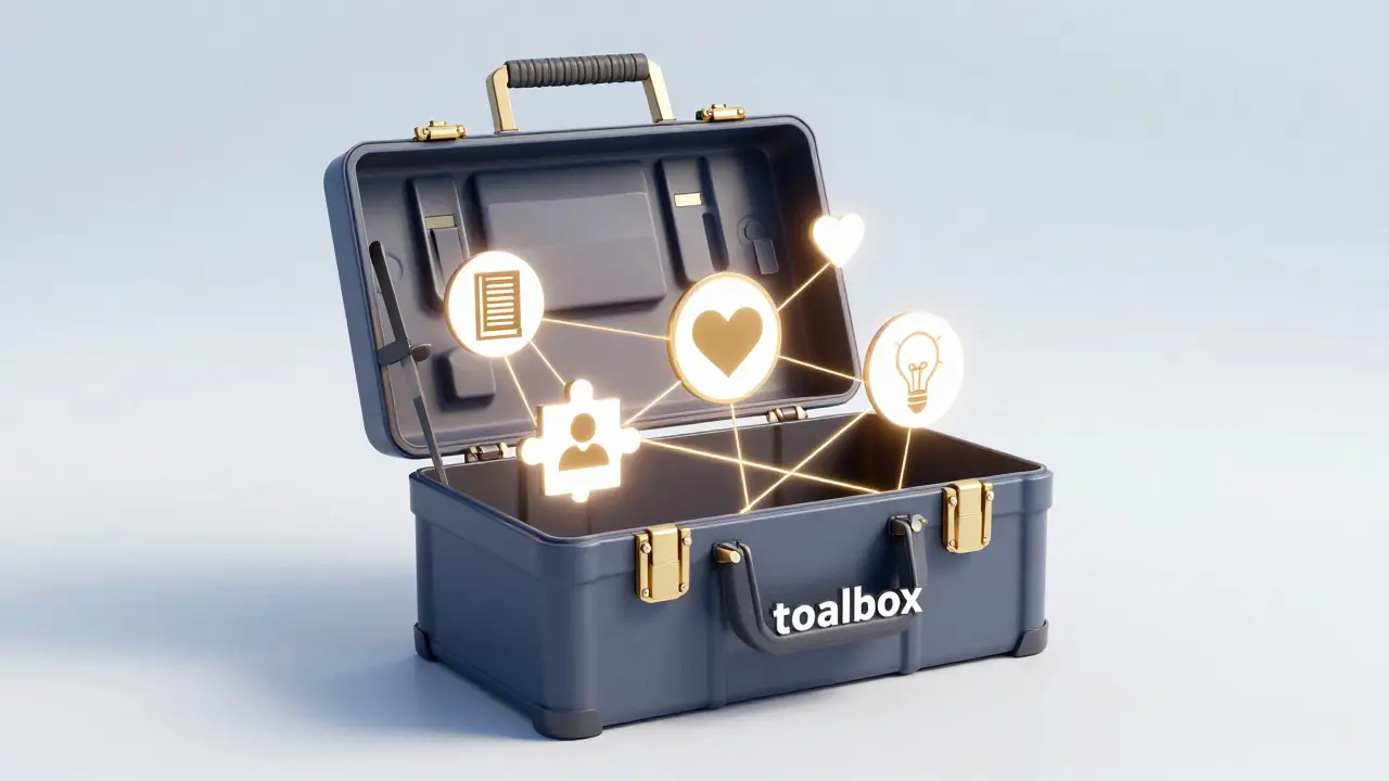 Symbolische Darstellung eines multiprofessionellen Teams als Werkzeugkasten mit vernetzten Kompetenzen.