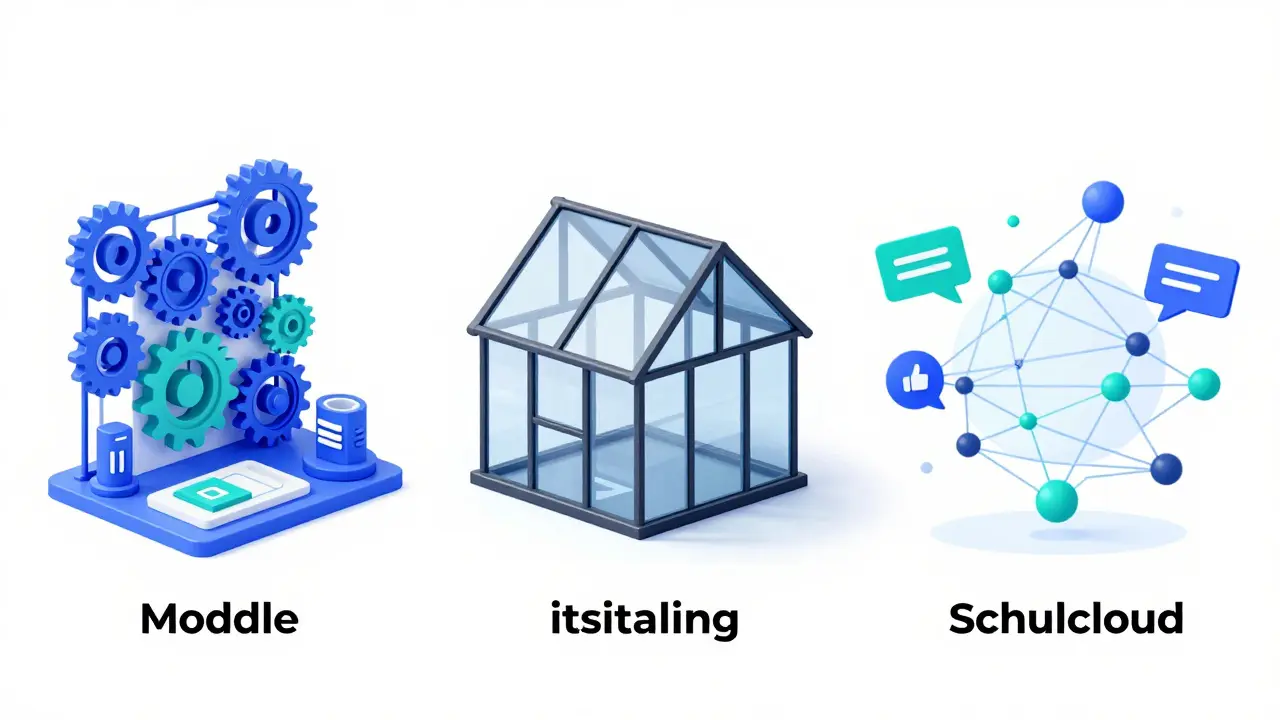 Symbolische Darstellung von Moodle als Baukasten, itslearning als Fertighaus und Schulcloud als Netzwerk.