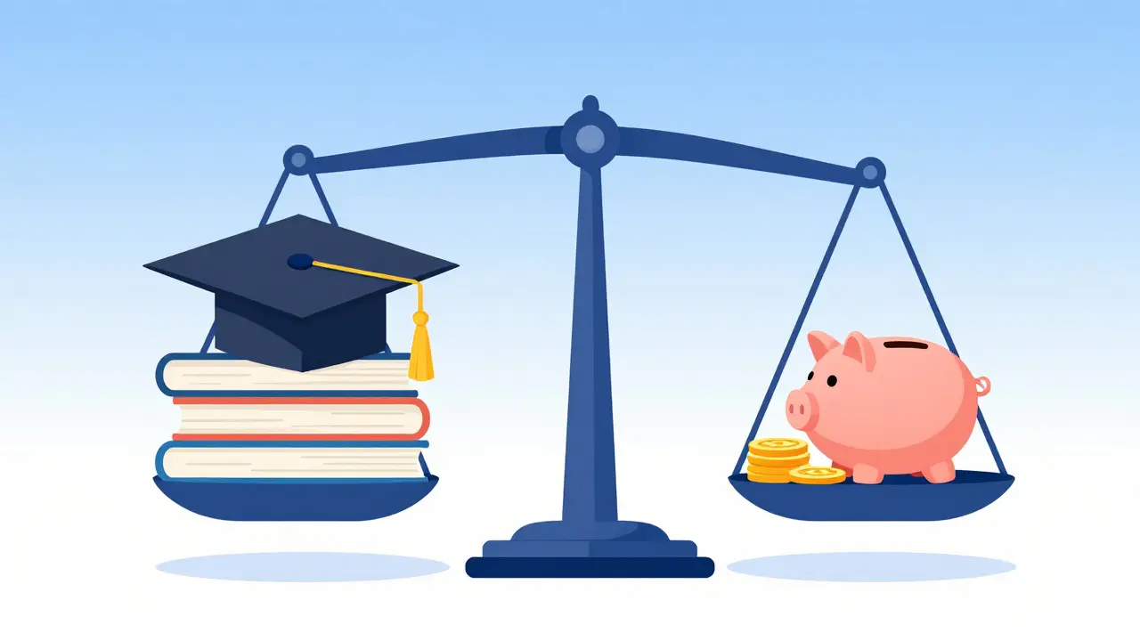 Symbolische Waage mit Absolventenhut und Münzen zur Darstellung von Studium und Finanzen.