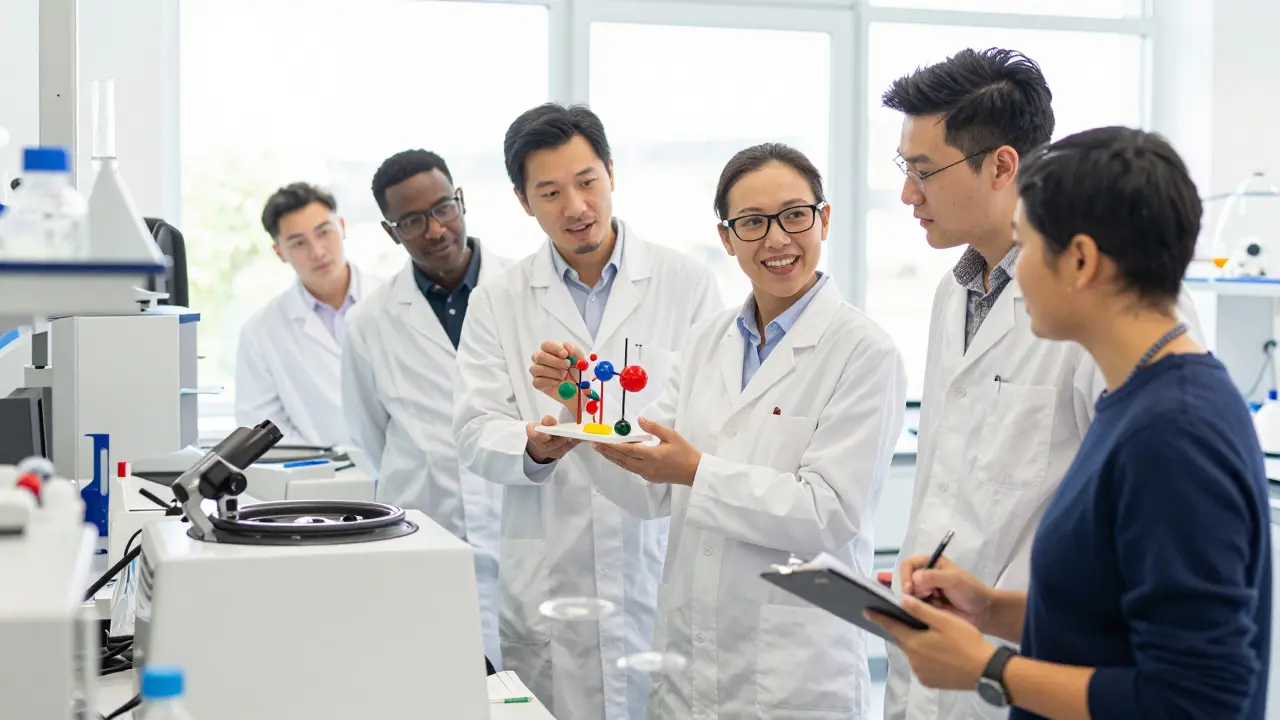 Wissenschaftler erklären einem Journalisten in einem modernen Labor ihre Forschungsergebnisse.