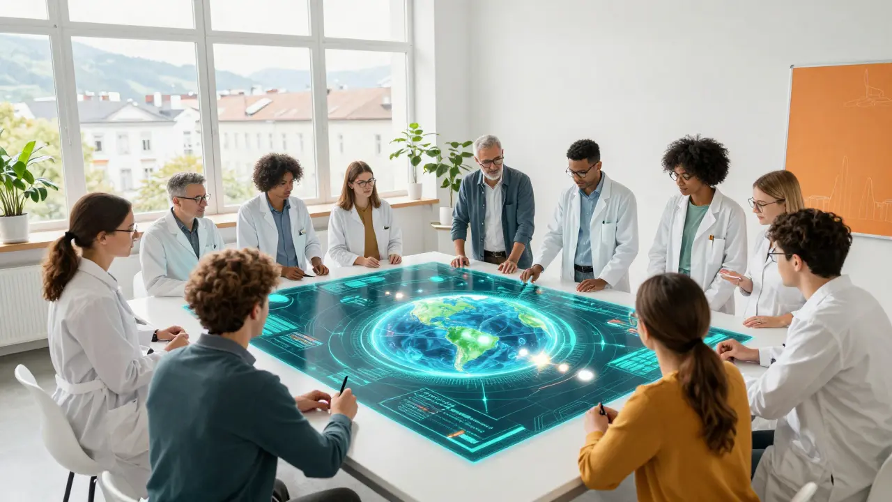 Wissenschaftler und Bürger arbeiten gemeinsam an einem interaktiven holografischen Modell.