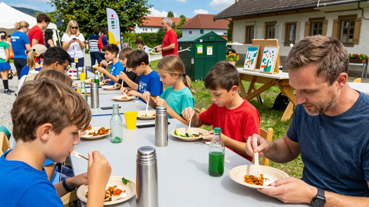 Ein lebhaftes Schulfest mit Geschirr aus Zuckerrohr und ohne Einwegplastik.