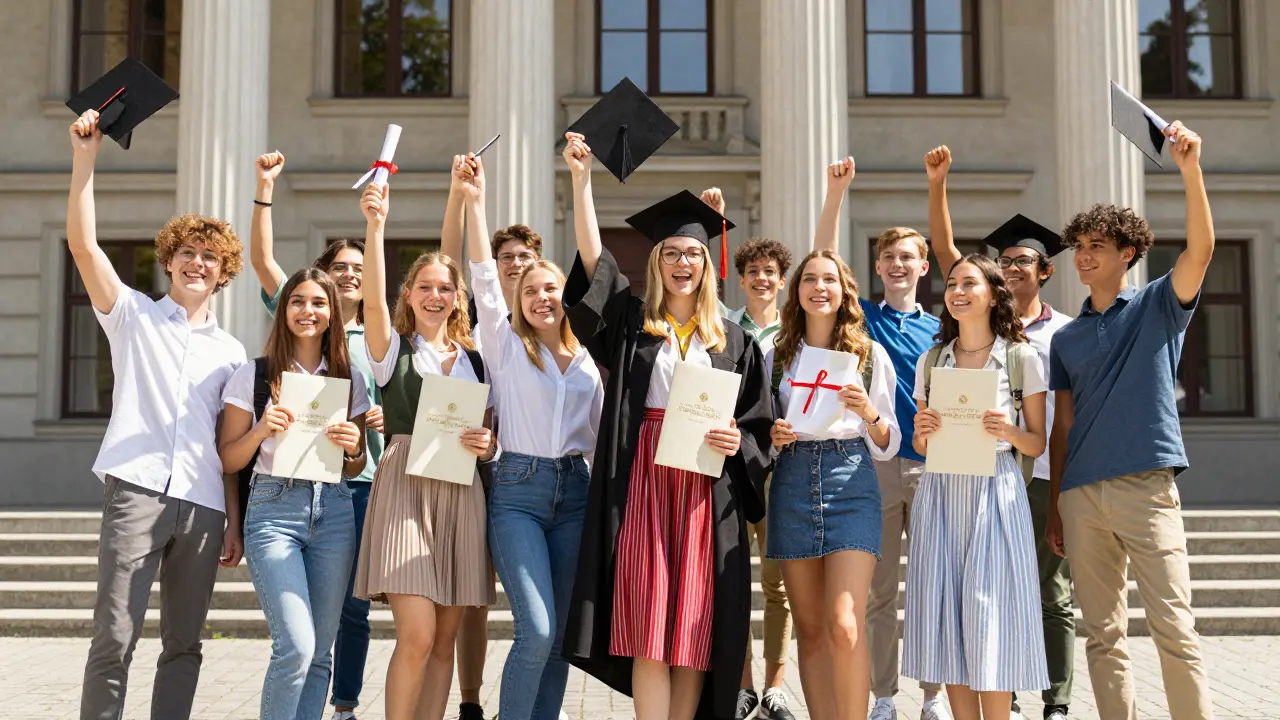 Freudige Absolventen vor einem Universitätsgebäude in Österreich