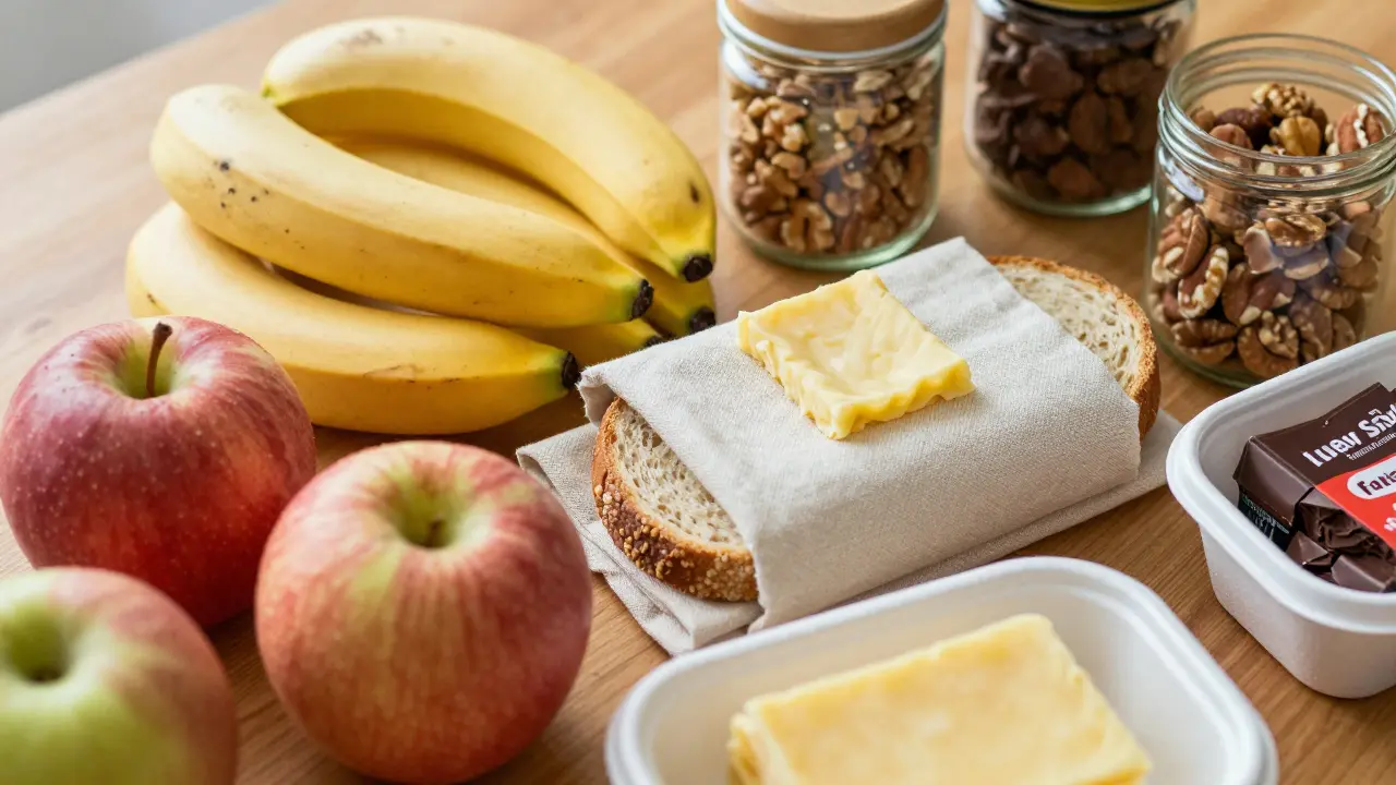 Gesundes Pausenbrot mit plastikfreien Verpackungen wie Wachsleinen und Glas.