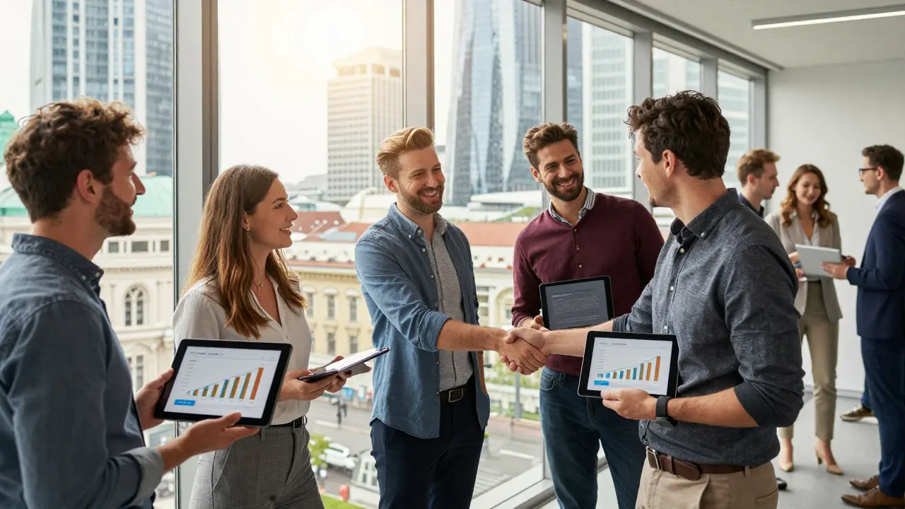 Gründer feiern Erfolg in einem modernen Büro mit Blick auf die Stadt