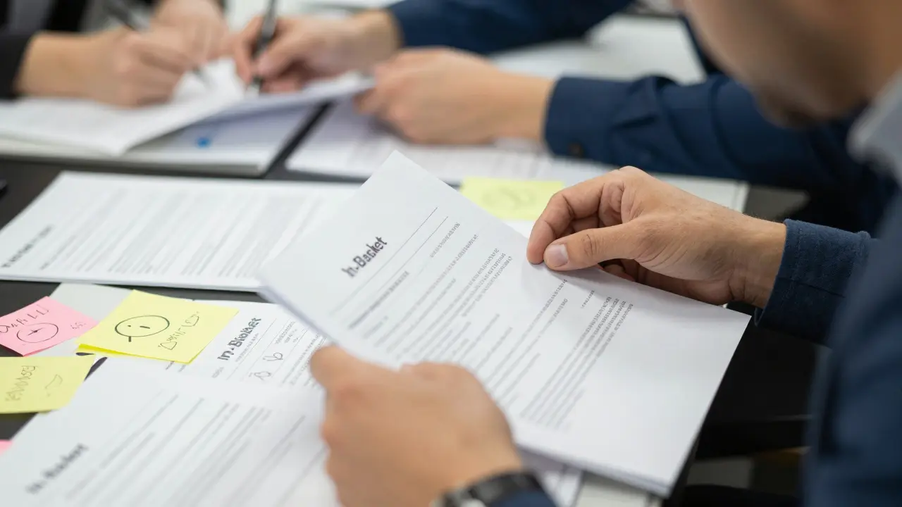 Kandidat sortiert Dokumente bei der Postkorbübung im Assessment-Center