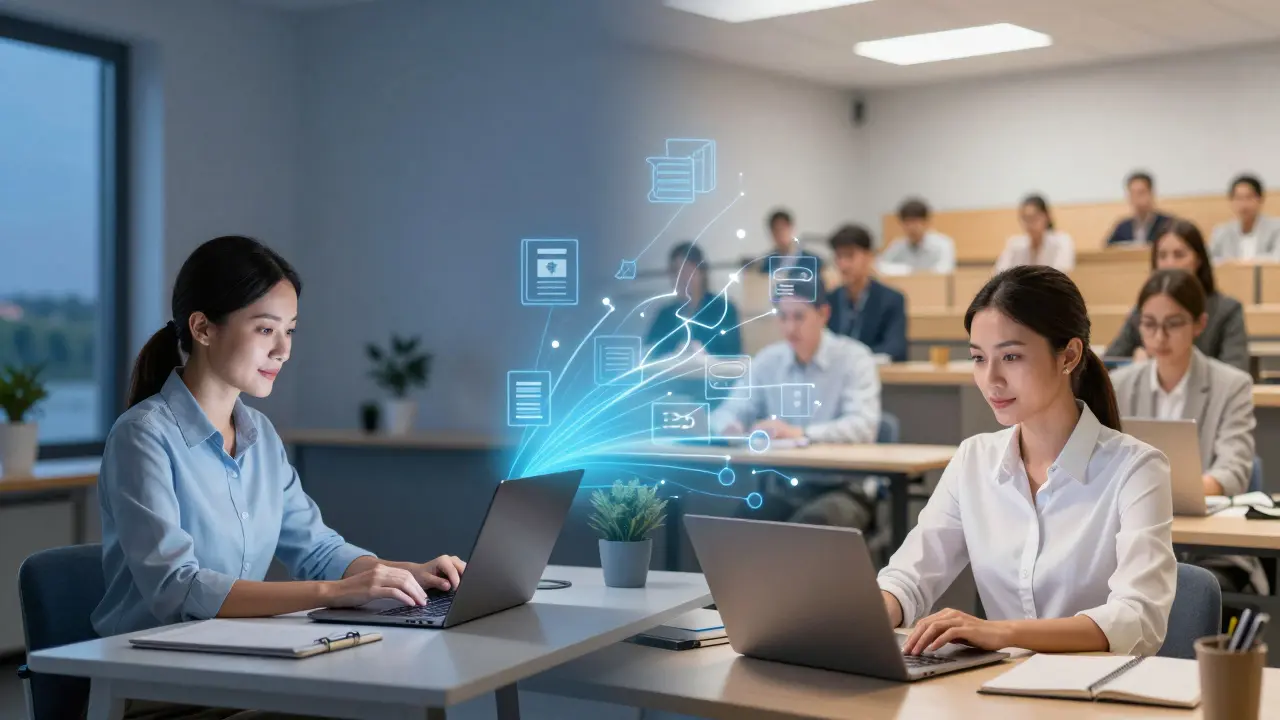 Konzeptbild des Blended-Learnings: Online-Studium zu Hause und Präsenz am Campus