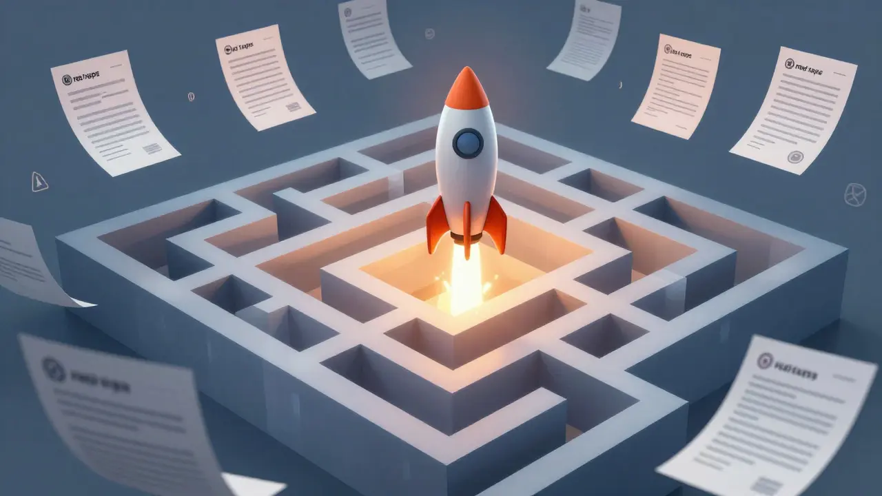 Konzeptionelle Darstellung eines Startups, das sich durch bürokratische Hindernisse kämpft