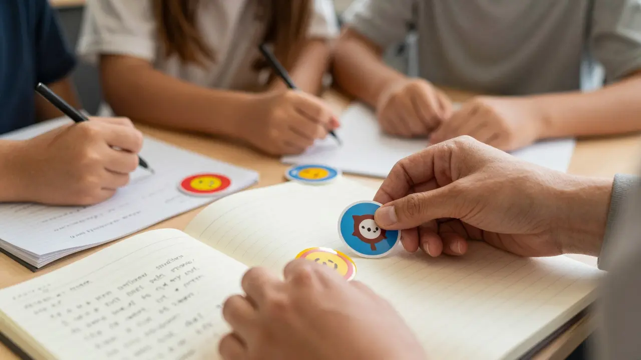 Lehrer händigt physische Badges aus, während Schüler kooperativ zusammenarbeiten.