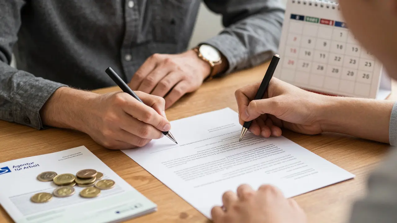 Nahaufnahme einer Unterschrift unter einem Ausbildungsvertrag mit Symbolen für finanzielle Förderung