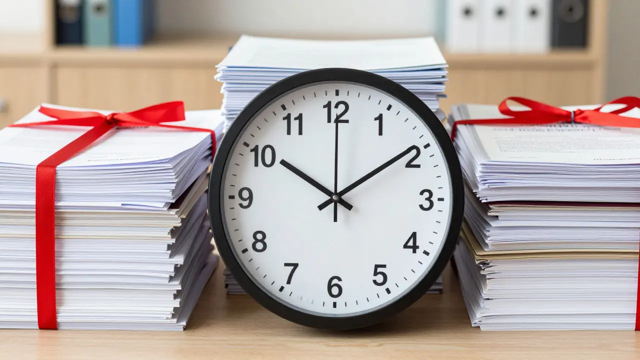 Uhr mit Bewerbungsfristen und Stapel von Studienunterlagen