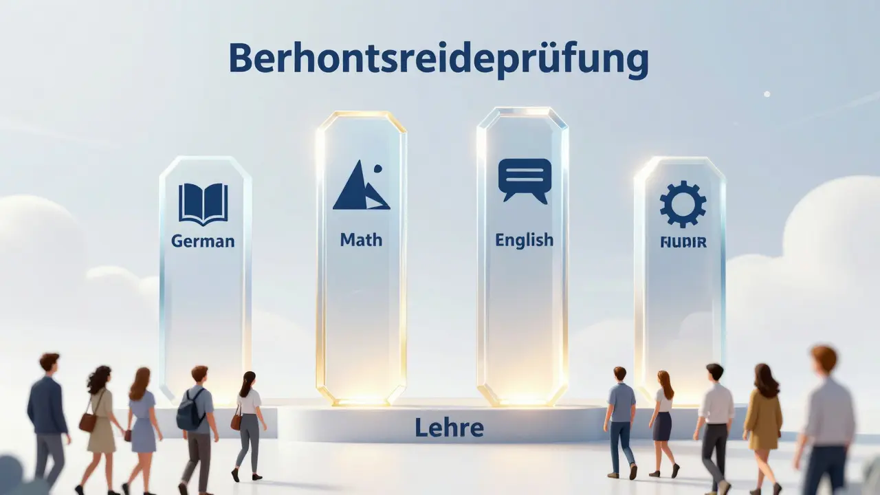 Vier gläserne Säulen symbolisieren die vier Prüfungsfächer der Berufsmatura