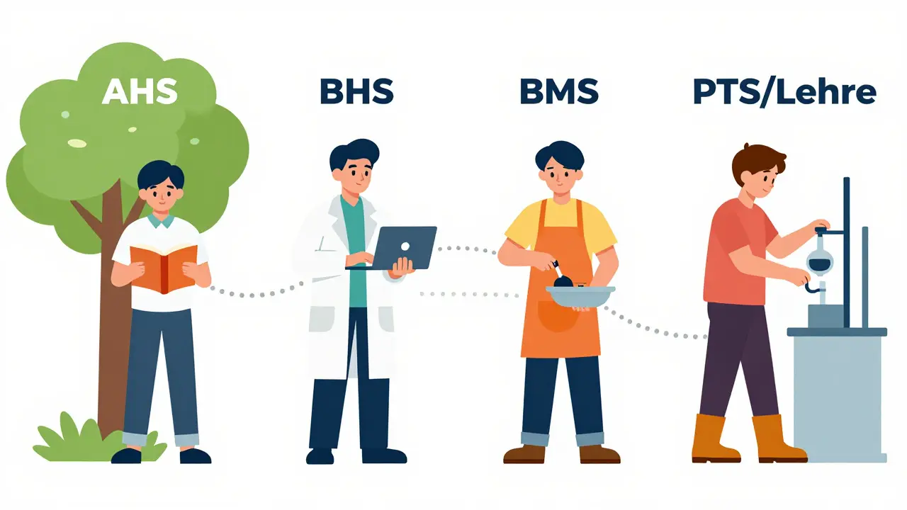 Vier Illustrationen zeigen die Bildungswege AHS, BHS, BMS und Lehre.