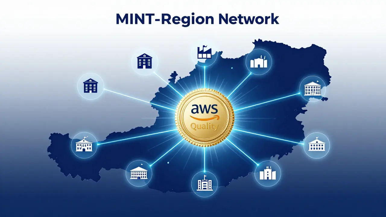 Abstrakte Darstellung des österreichischen MINT-Netzwerks mit aws-Qualitätslabel
