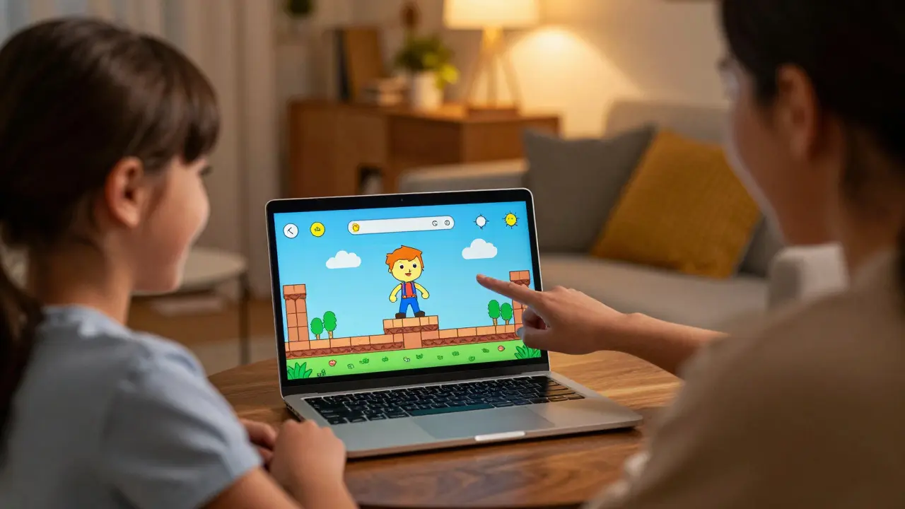 Ein Mädchen zeigt stolz ihr selbst erstelltes Videospiel auf dem Laptop.