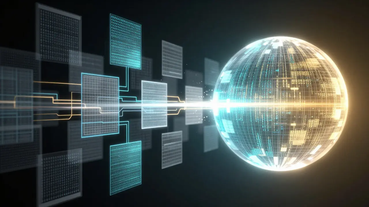Fragmented data merging into a unified, glowing sphere