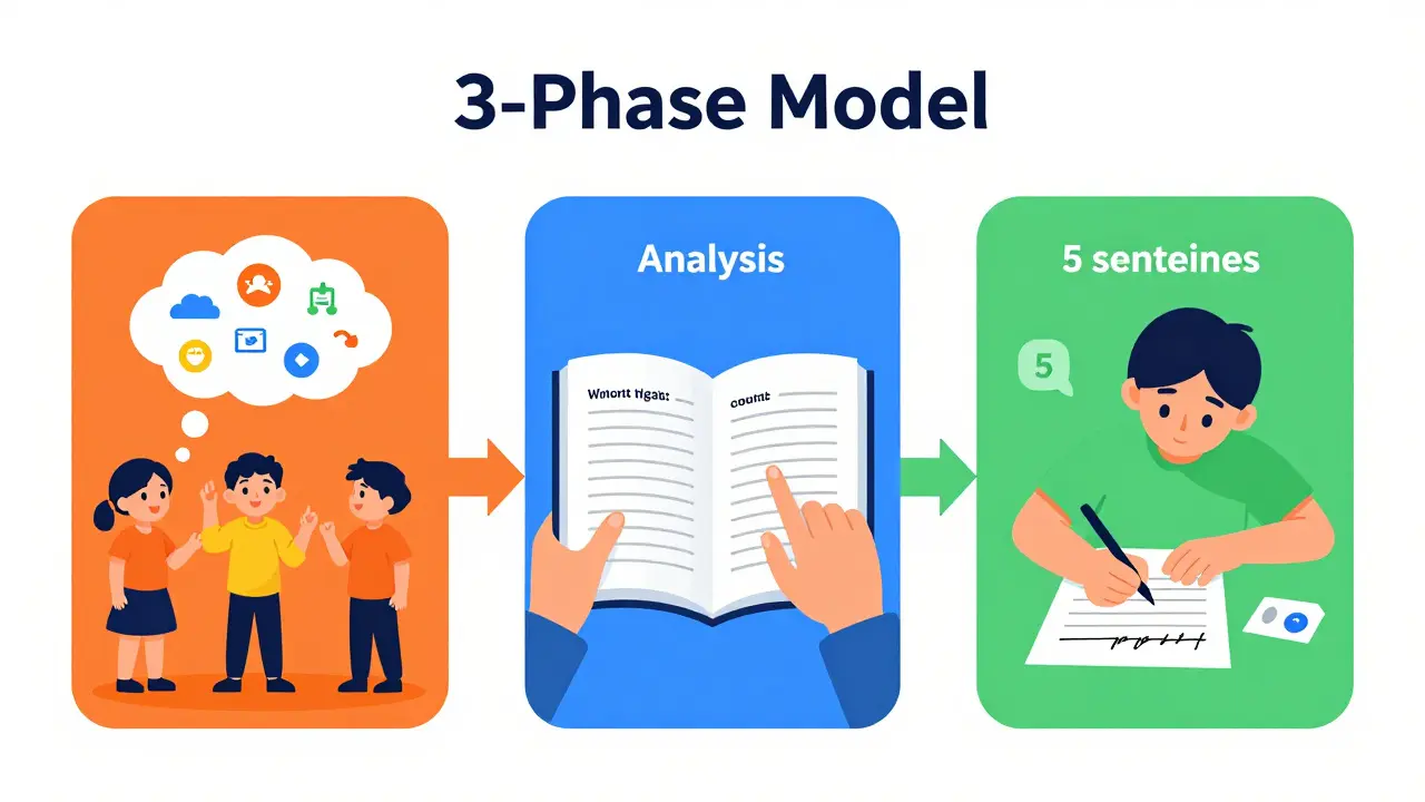 Grafik zeigt das 3-Phasen-Modell: Sprechen, Textanalyse und Schreiben für DaZ-Schüler.