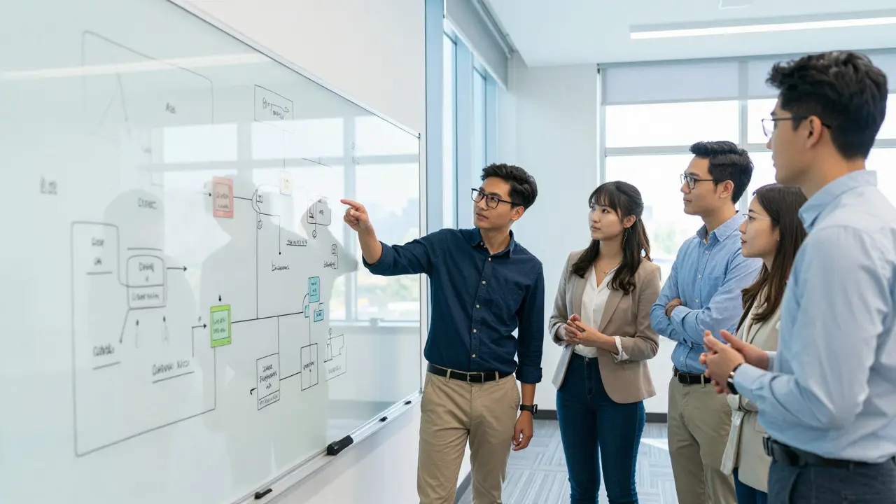 Gruppe von Forschern diskutiert gemeinsam an einer Whiteboard-Tafel