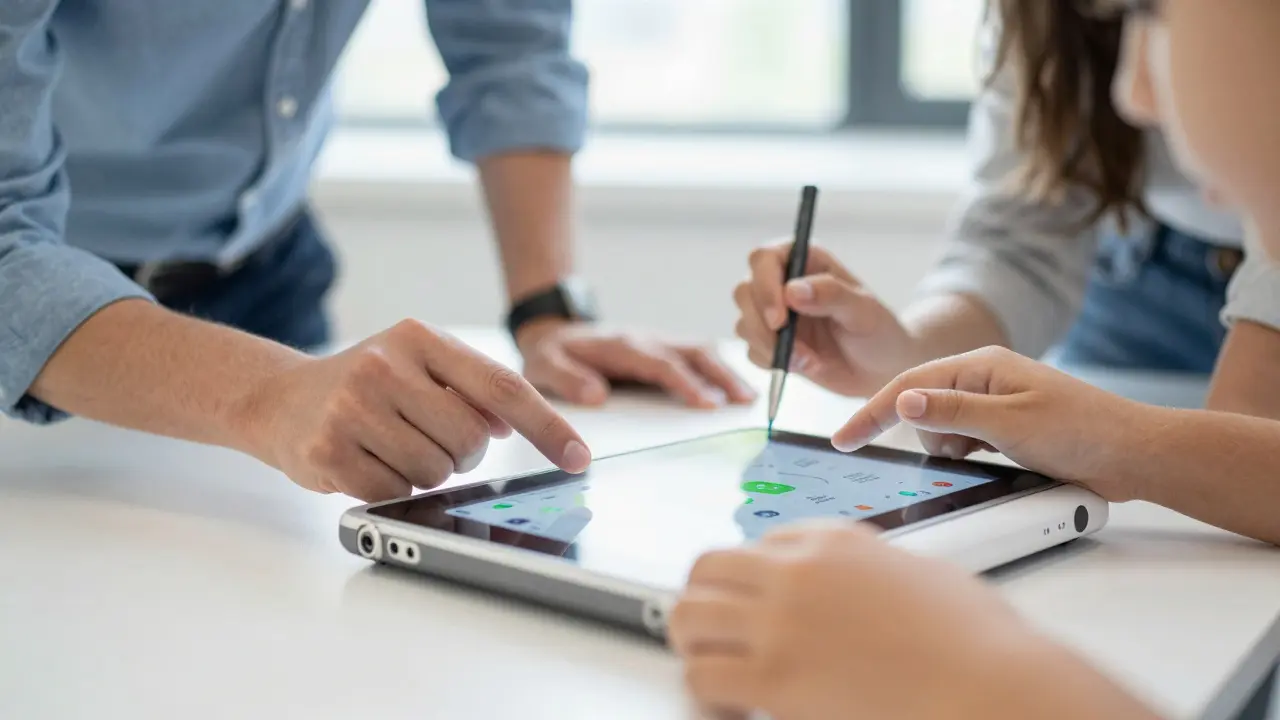 Hände von Schülern und Experten bei der Entwicklung innovativer Bildungsprojekte