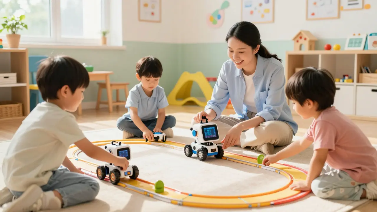 Kinder spielen mit einfachen Robotern im Kindergarten